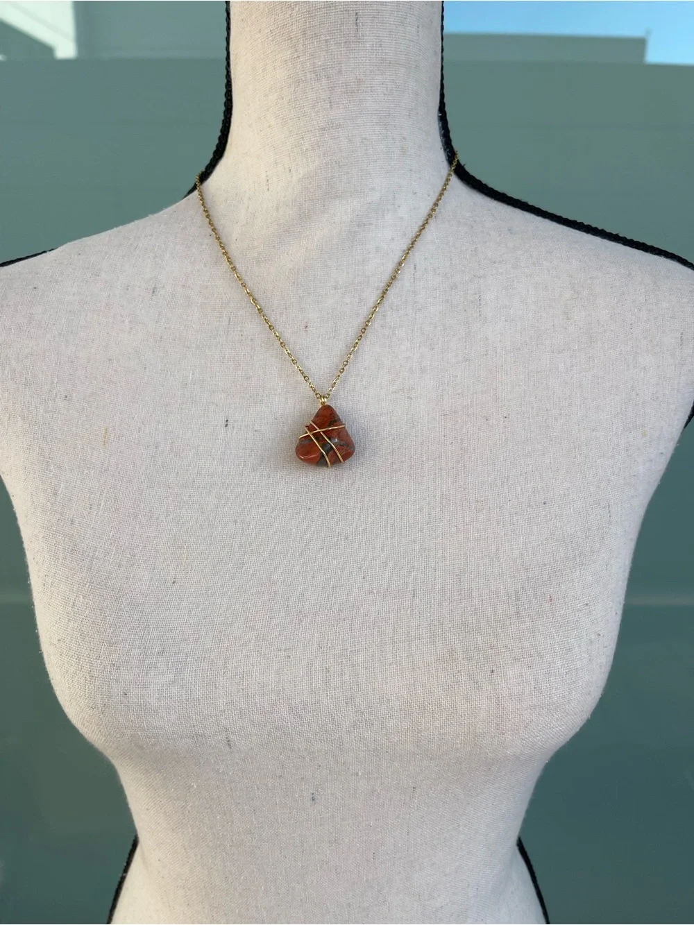 Mookaite Wire Wrap Necklace Stainless Steel Gold Plated Chain Handmade